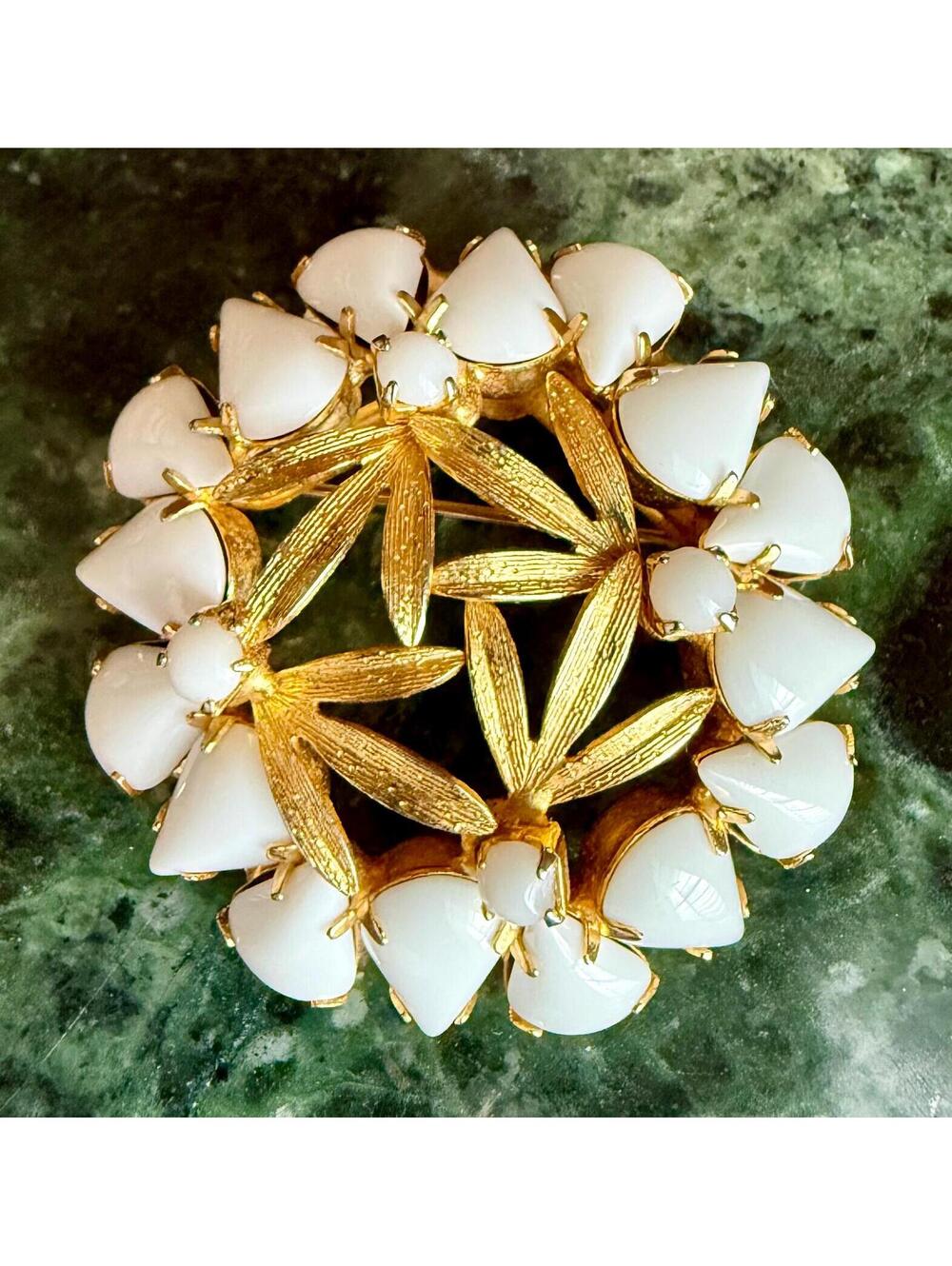 Vintage Milk Glass Floral Wreath Brooch | Mid-Century Gold Tone Pin